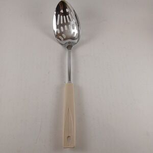 Vintage Ekco Slotted Serving Spoon‎ Stainless Steel Beige Plastic Handle
